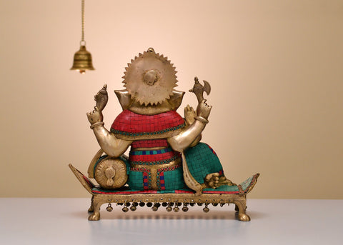 16" Brass Relaxing Ganesha Idol on Pedestal | Handmade Brass Statue with Inlay work
