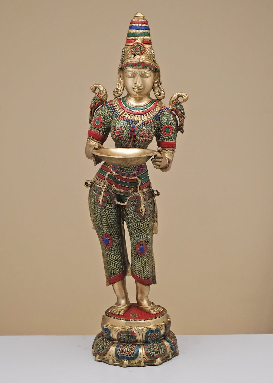 44" Large Brass Deepalakshmi Statue with Inlay Work Handmade