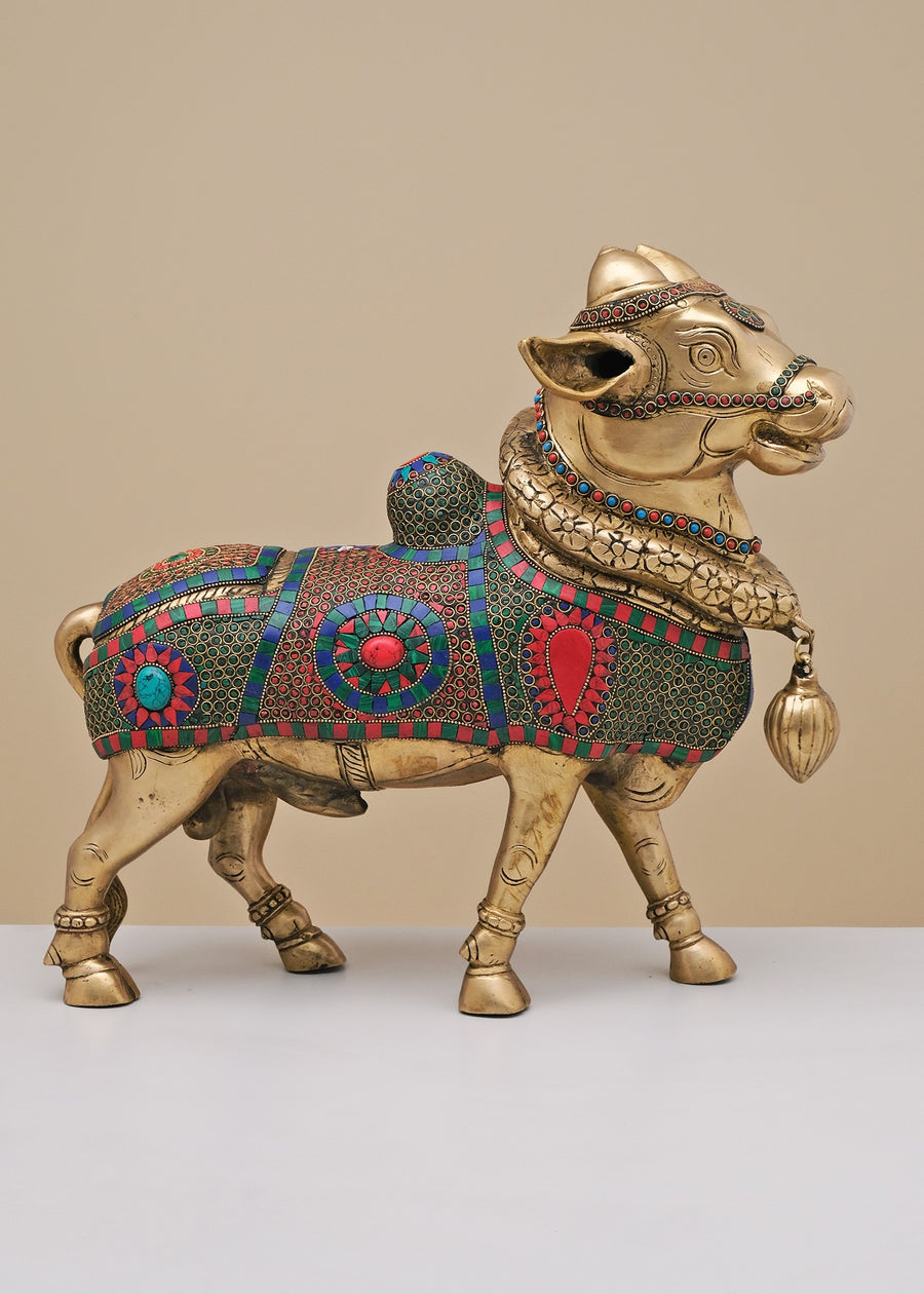 17" Handmade Brass Nandi Statue with Inlay Work