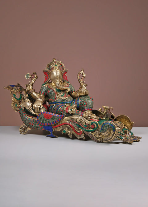 17" Relaxing Ganesha Brass Statue with Inlay Work | Handmade