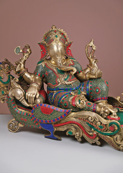 17" Relaxing Ganesha Brass Statue with Inlay Work | Handmade