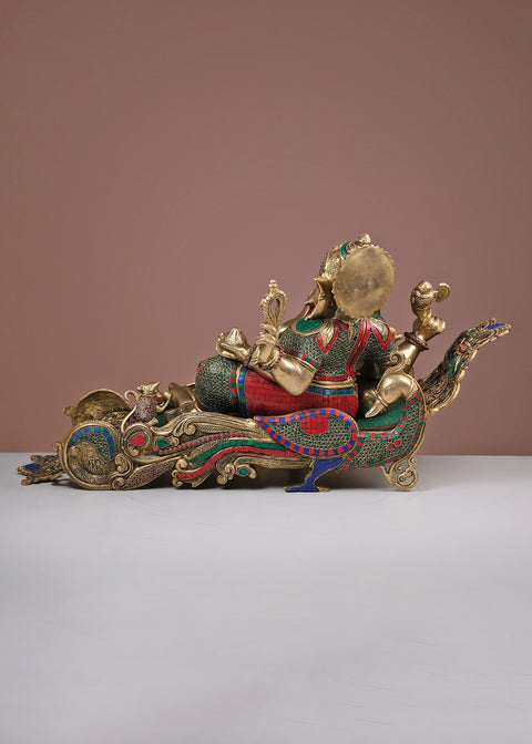17" Relaxing Ganesha Brass Statue with Inlay Work | Handmade