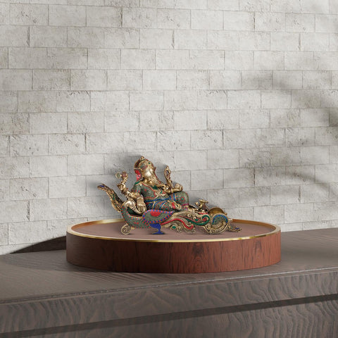 17" Relaxing Ganesha Brass Statue with Inlay Work | Handmade