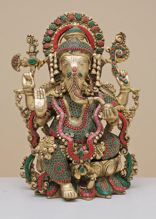 16" Brass Lord Ganesha Seated on Lotus Handmade Idol with Inlay Work