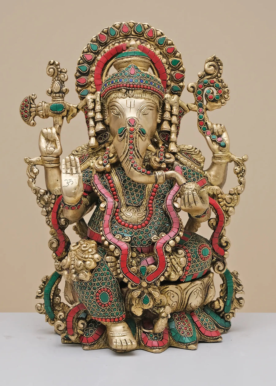 16" Brass Lord Ganesha Seated on Lotus Handmade Idol with Inlay Work