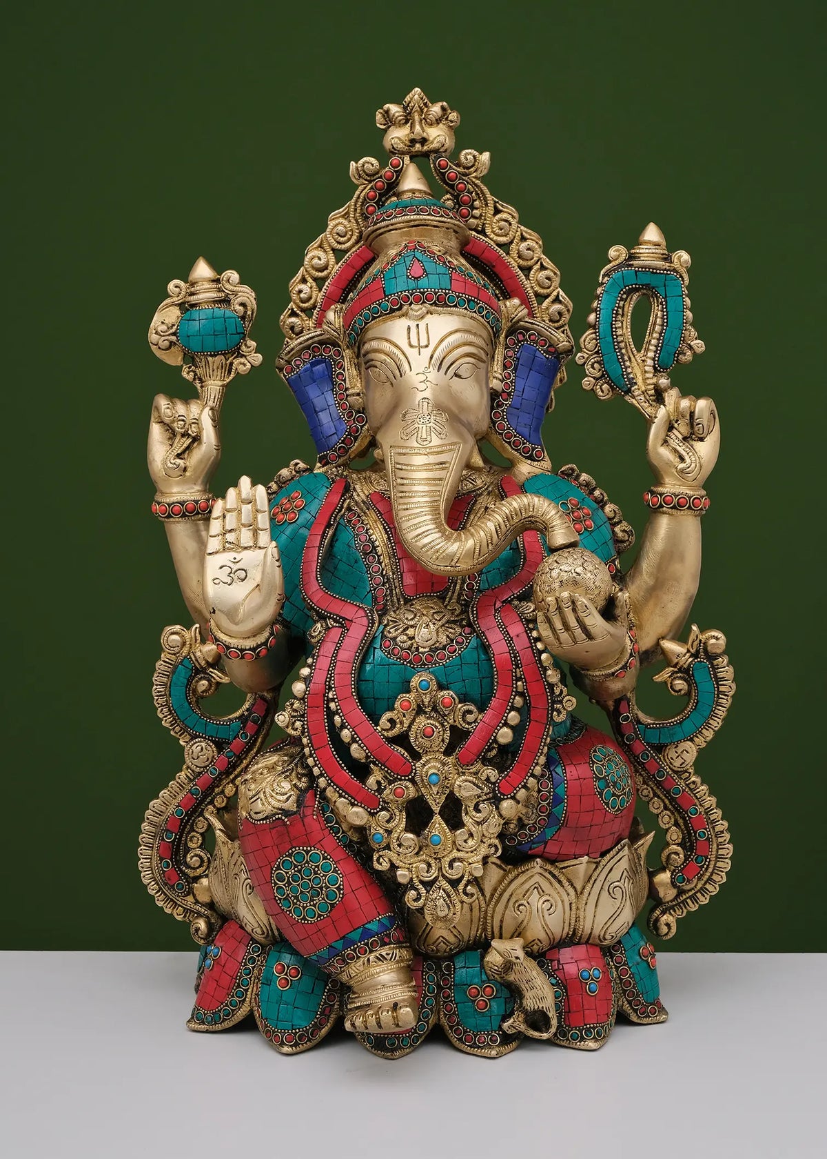 21" Brass Lord Ganesha Seated on Lotus with Inlay Work | Handmade