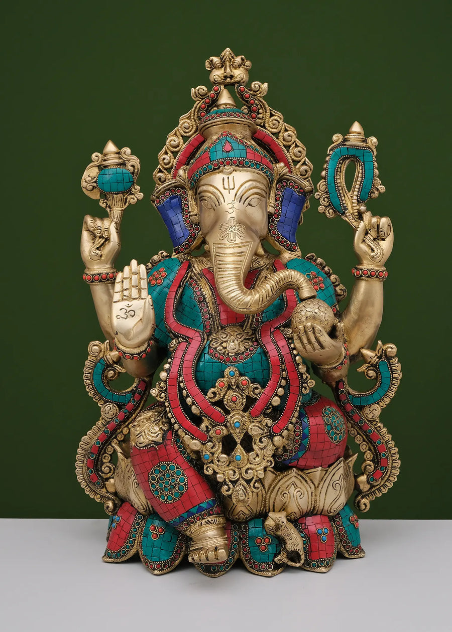 21" Handmade Brass Lord Ganesha Seated on Lotus Idol with Inlay