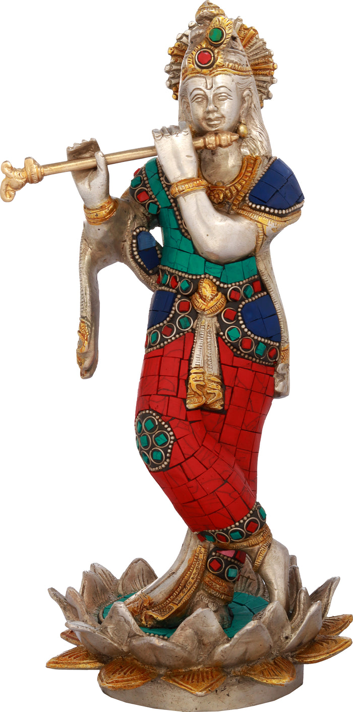 11" Lord Krishna Standing on Lotus Brass Statue Handmade