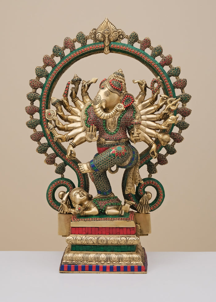 26" Handmade Brass Dancing Ganesha Statue With Inlay Work