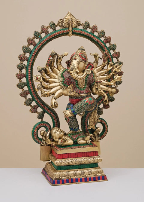 26" Brass Dancing Ganesha With Inlay Work | Handmade