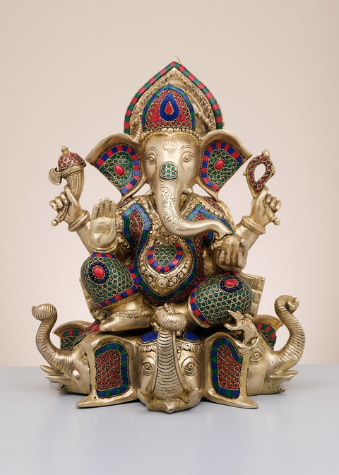 17" Brass Lord Ganesha Seated on Elephant Pedestal with Inlay Work | Handmade