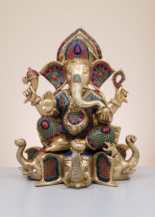 17" Handmade Brass Lord Ganesha Seated on Elephant Pedestal Statue