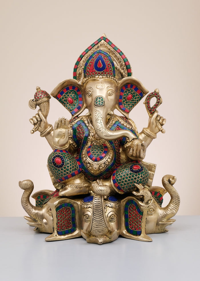 17" Handmade Brass Lord Ganesha Seated on Elephant Pedestal Statue