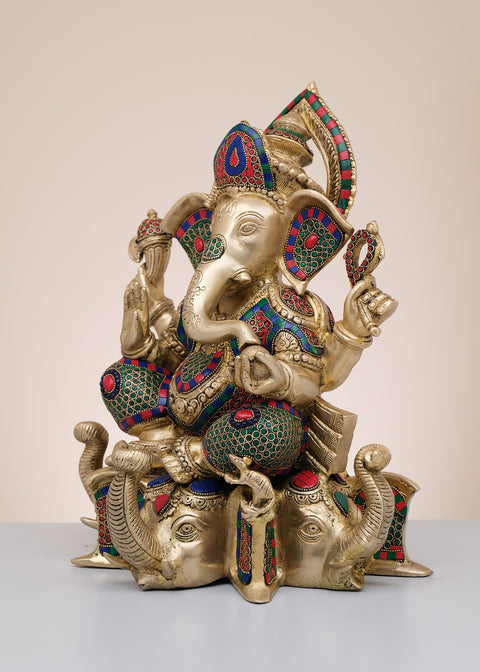 17" Brass Lord Ganesha Seated on Elephant Pedestal with Inlay Work | Handmade
