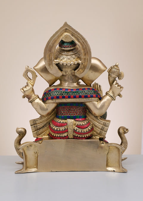 17" Brass Lord Ganesha Seated on Elephant Pedestal with Inlay Work | Handmade