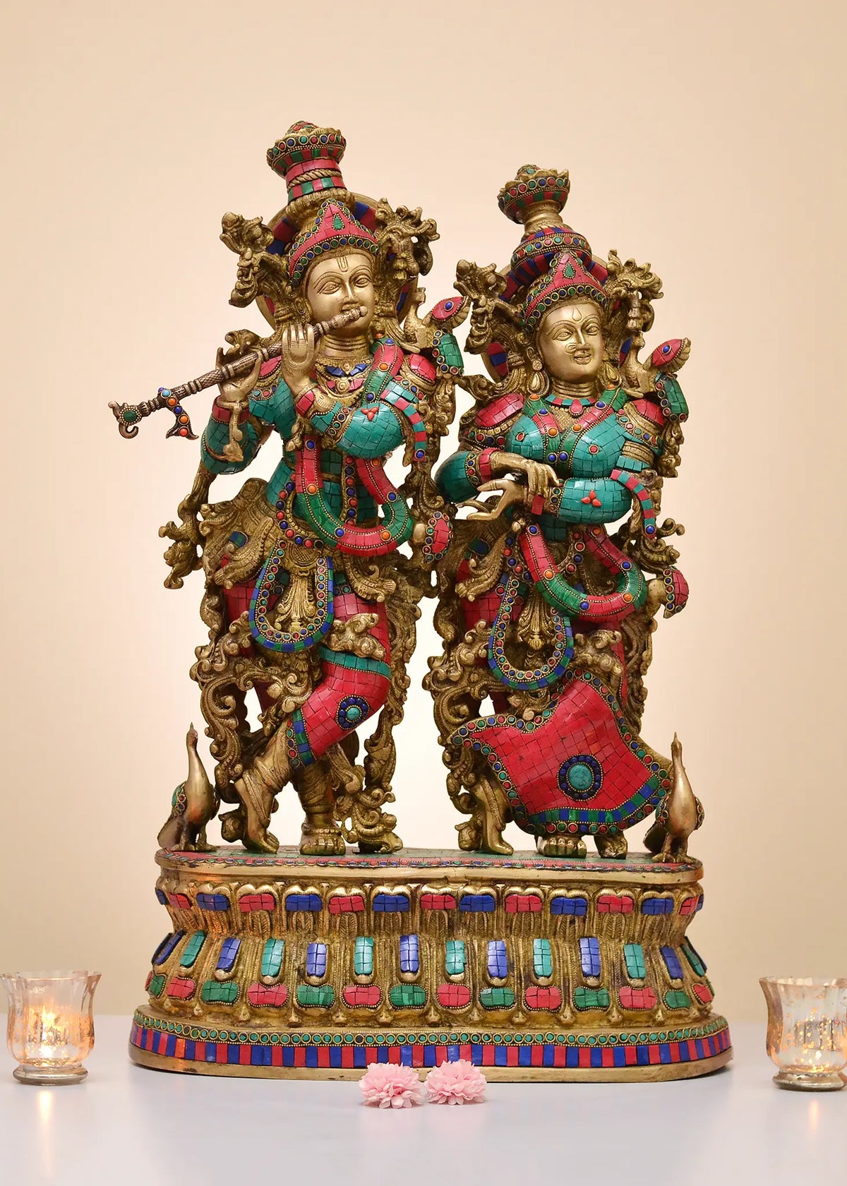 30" Brass Radha Krishna with Inlay Work | Handmade
