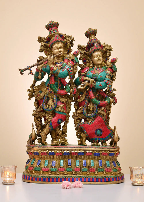 30" Brass Radha Krishna Statue with Inlay Work Handmade