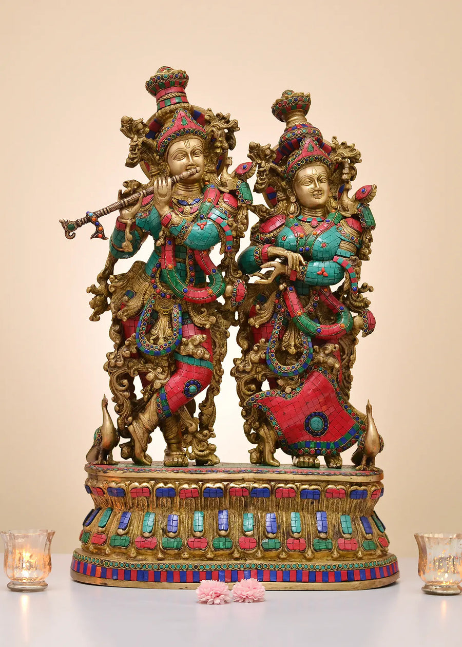30" Brass Radha Krishna Statue with Inlay Work Handmade