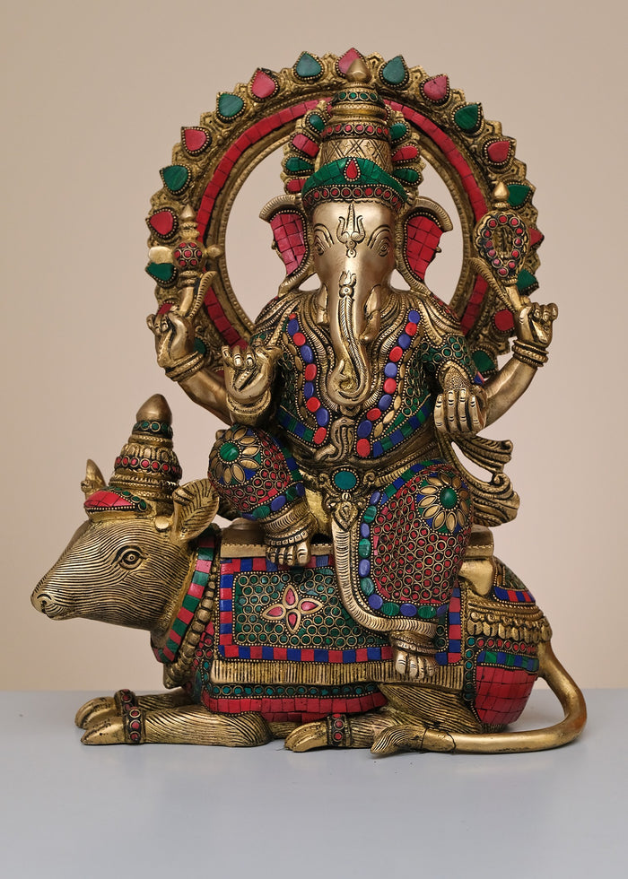 16" Brass Lord Ganesha Sitting on Rat Handmade Idol with Inlay Work