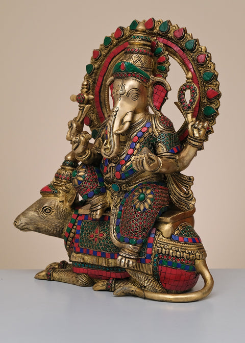 16" Brass Lord Ganesha Sitting on Rat with Inlay Work | Handmade