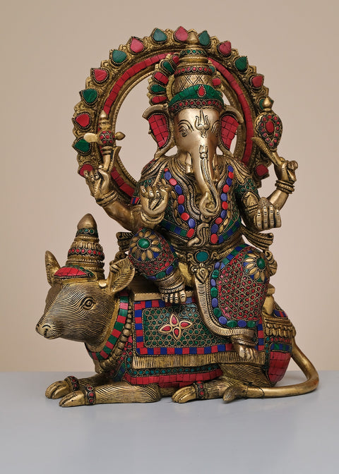 16" Brass Lord Ganesha Sitting on Rat with Inlay Work | Handmade