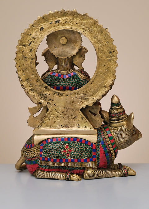 16" Brass Lord Ganesha Sitting on Rat with Inlay Work | Handmade