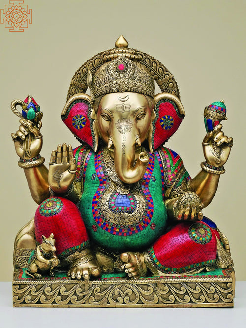 33" Large Brass Lord Ganesha Statue with Inlay Work