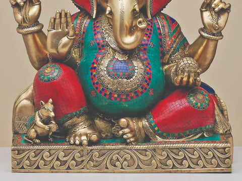 33" Large Brass Lord Ganesha with Inlay Work | Handmade