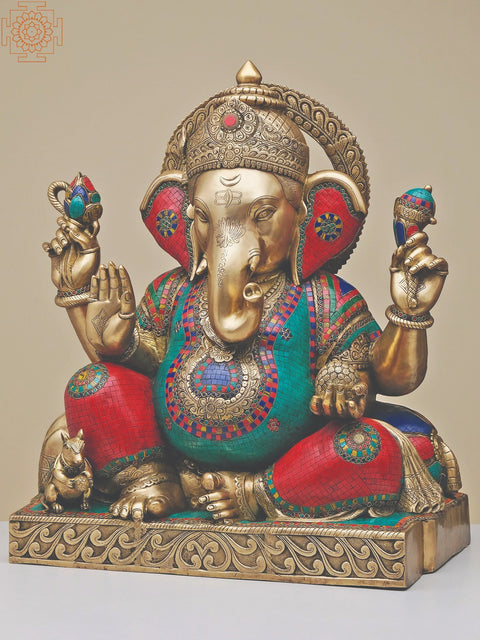 33" Large Brass Lord Ganesha with Inlay Work | Handmade