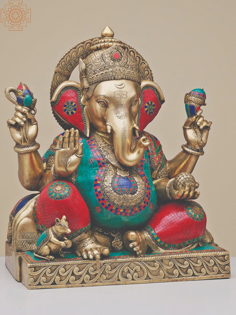 33" Large Brass Lord Ganesha with Inlay Work | Handmade