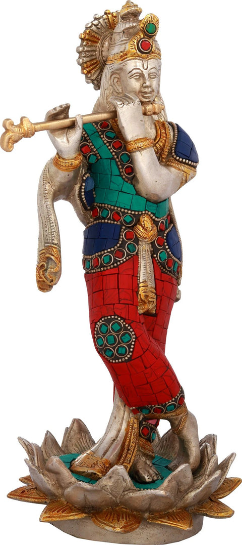 11" Lord Krishna Standing On a Lotus In Brass | Handmade | Made In India