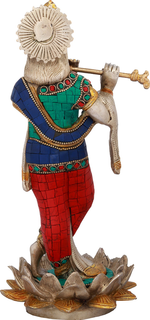 11" Lord Krishna Standing On a Lotus In Brass | Handmade | Made In India