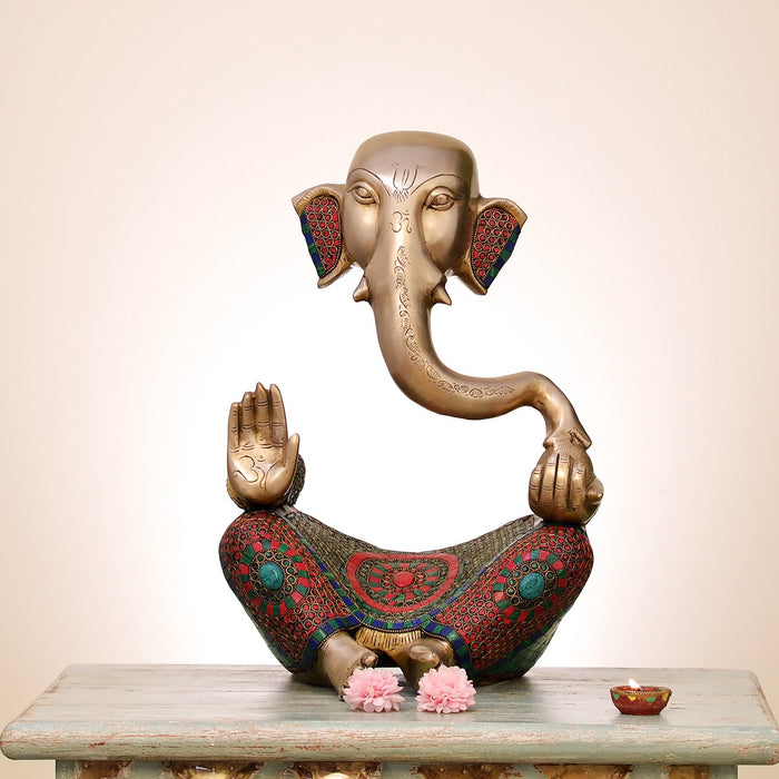 18" Brass Ganesha Idol with Inlay Work Handmade