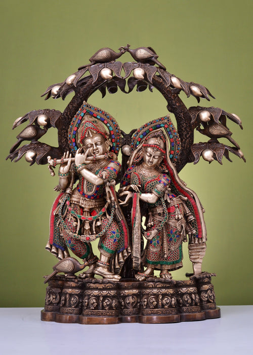 30" Handmade Brass Radha Krishna Statue with Inlay Work