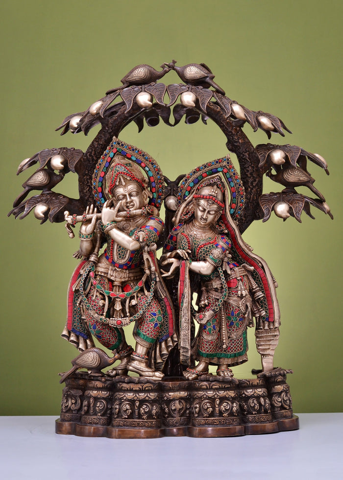30" Handmade Brass Radha Krishna Statue with Inlay Work