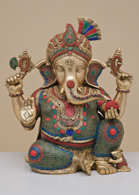 21" Brass Pagdi Ganesha with Inlay Work | Handmade