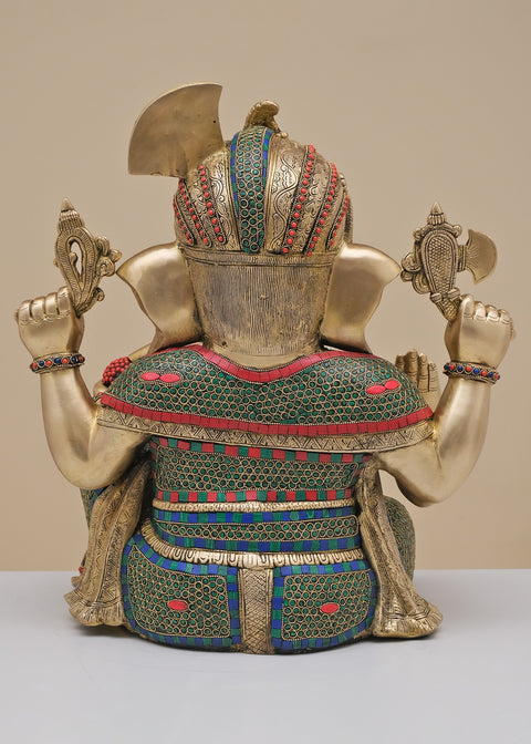21" Brass Pagdi Ganesha with Inlay Work | Handmade