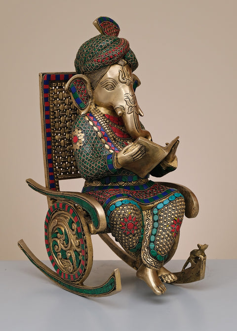 15" Brass Ganesha On Rocking Chair with Inlay Work | Handmade