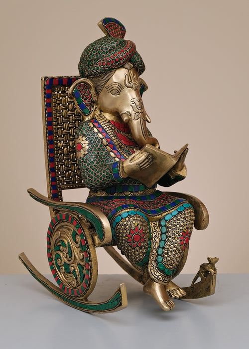 15" Handmade Brass Ganesha on Rocking Chair Statue with Inlay