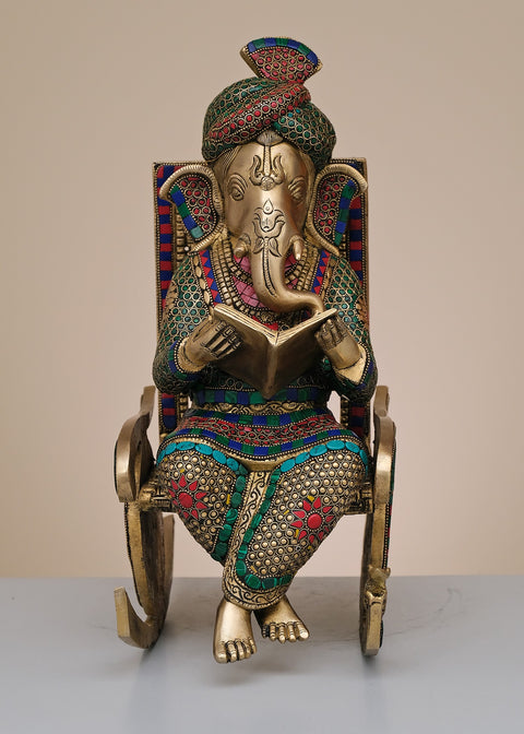15" Brass Ganesha On Rocking Chair with Inlay Work | Handmade