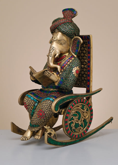 15" Brass Ganesha On Rocking Chair with Inlay Work | Handmade