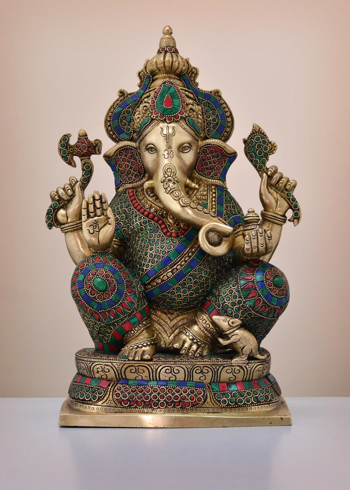 16" Handmade Brass Ganesh Statue with Crown and Inlay Work