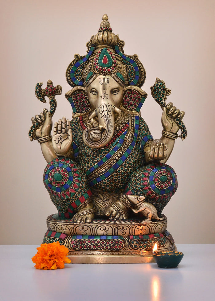 16" Brass Crown Ganesh Right Trunk Handmade Statue with Inlay Work