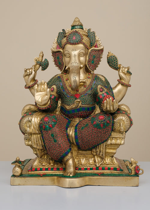 18" Handmade Brass King Ganesha Statue with Inlay Work