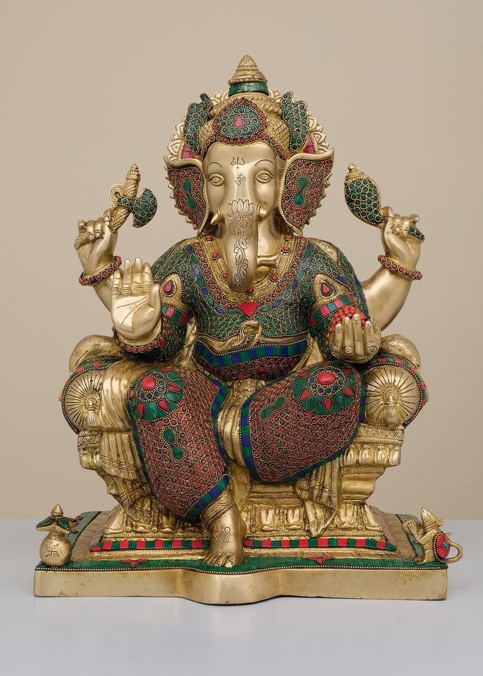 18" Handmade Brass King Ganesha Statue with Inlay Work
