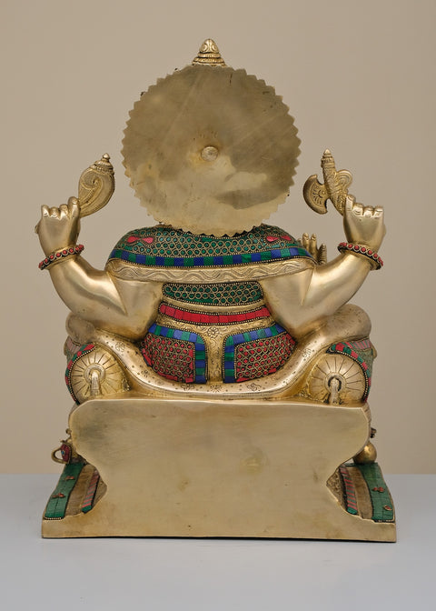 18" Brass King Ganesha with Inlay Work | Handmade