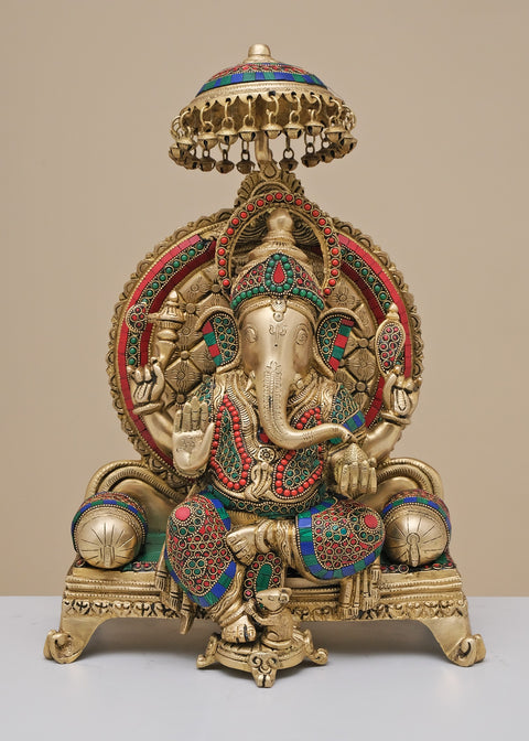 17" Brass Ganesha Seated on Singhasan with Inlay Work | Handmade