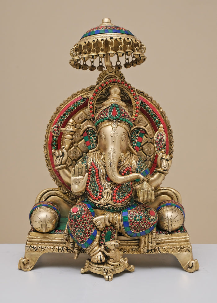 17" Handmade Brass Ganesha Seated on Singhasan Statue with Inlay Work