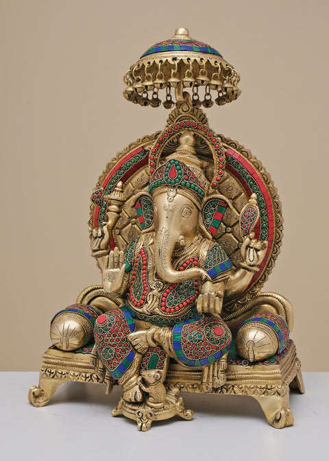 17" Brass Ganesha Seated on Singhasan with Inlay Work | Handmade