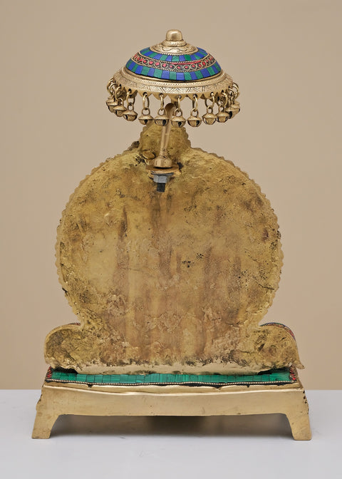 17" Brass Ganesha Seated on Singhasan with Inlay Work | Handmade